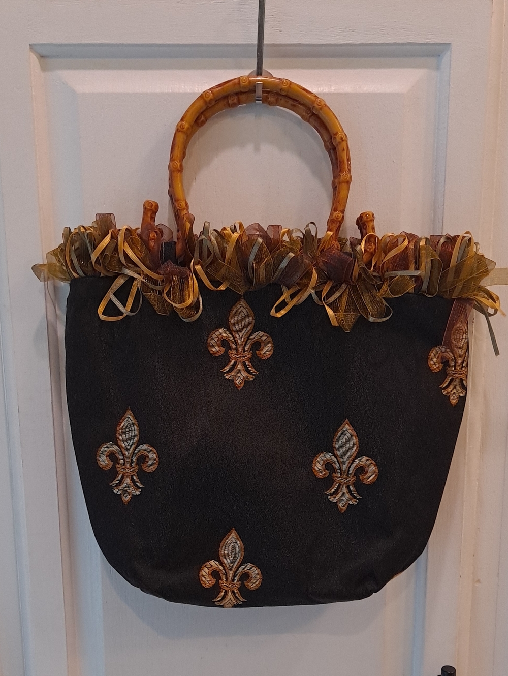 Artisan Black Tote Gold Fleur-de-Lis Embroidery Bamboo Handles Ribbon Trim Bag